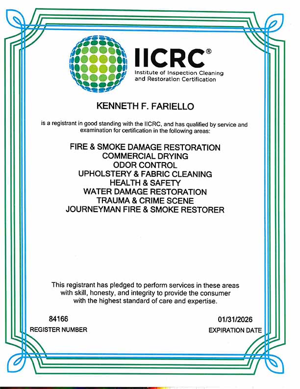 Kenny Fariello IICRC Certification Bulovas Restoration